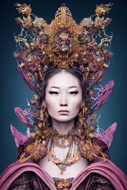 Image similar to a beautiful empress portrait, with a brilliant, impossible striking big cosmic galaxy headpiece, clothes entirely made out of cosmos chaos energy, symmetrical, dramatic studio lighting, rococo, baroque, jewels, asian, hyperrealism, closeup, D&D, fantasy, intricate, elegant, highly detailed, digital painting, artstation, octane render, 8k, concept art, matte, sharp focus, illustration, art by Artgerm and Greg Rutkowski and Alphonse Mucha