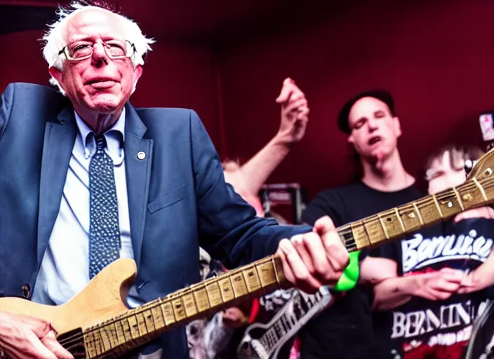 Image similar to publicity photo still of bernie sanders in a punk band playing live on stage, 8 k, live concert lighting, mid shot