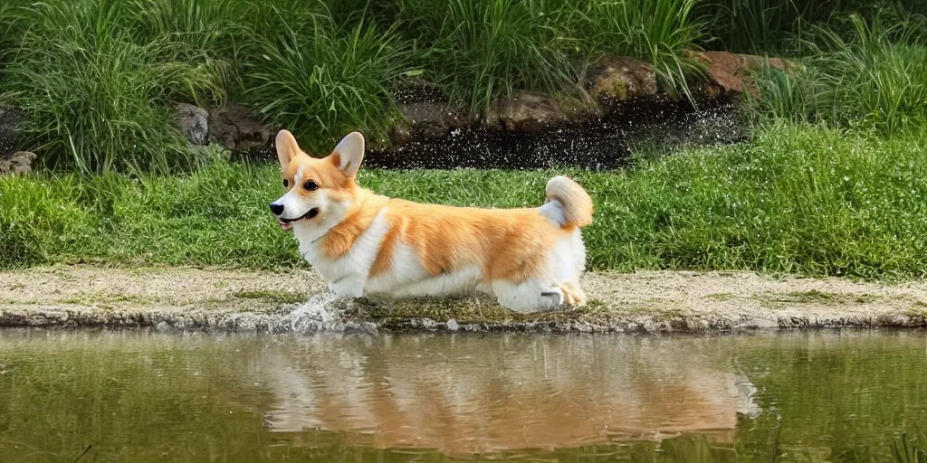 Image similar to A singular corgi by the pond, there is blue sky, there is water splash, the atmosphere is cheerful, the colors are bright, high picture quality, by Makoto Shinkai