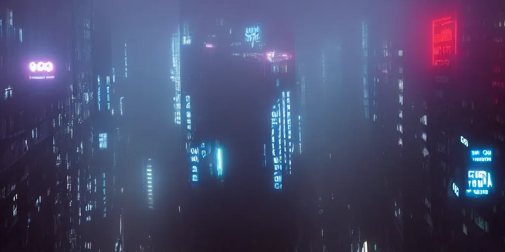 Image similar to eerie fog, giant illuminated advert screens, megacity streets seen from above, neon signs, blade runner, ex machina