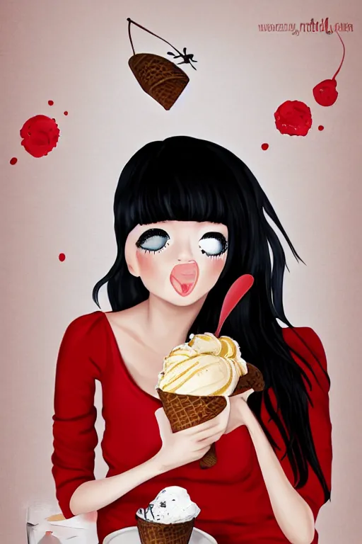 Image similar to cute girl in red dress with black hair and large beautiful eyes consuming ice cream in her bed, digital art