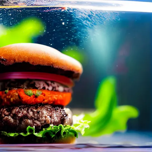 Prompt: a juicy hamburger in a giant aquarium filled with coke, 8 k resolution, studio lighting, sharp focus, professional food photography, hyper - detailed