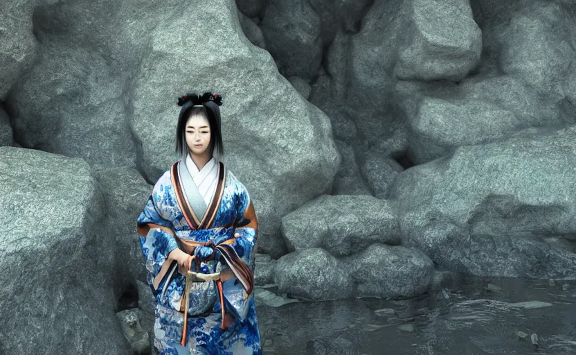 Prompt: highly detailed 3 d render of native japanese geisha warrior standing in wet japanese courtyard from sengoku period, surrounded by dense rock formations, high in mountains, blue night, cinematic lighting, photobash, raytracing, high contrast