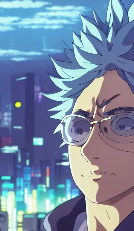 Prompt: anime fine details portrait of Rick Sanchez in front of cyberpunk moder city landscape on the background deep bokeh, close-up view, anime masterpiece by Studio Ghibli. 8k, sharp high quality anime, artstation