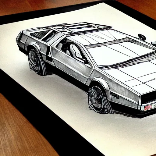 Image similar to dmc delorean car in style of leonardo da vinci sketch diagram