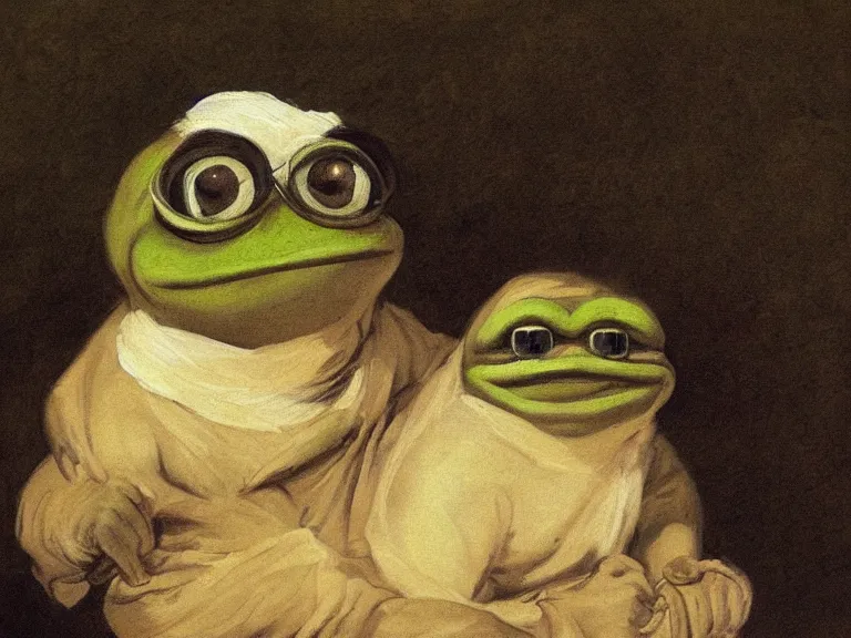 Prompt: beautiful painting of pepe the frog in the village, by Francisco Goya, high detail, high resolution