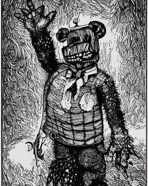 Image similar to an illustration of a freddy fazbear, full body, pen-and-ink illustration, etching, by Russ Nicholson, DAvid A Trampier, larry elmore, 1981, HQ scan, intricate details, Monster Manula, Fiend Folio