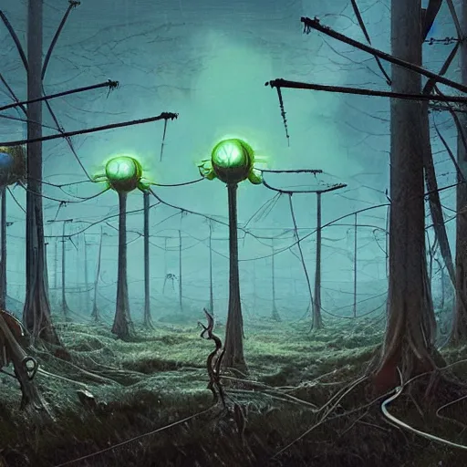 Image similar to giant eldritch horror, simon stalenhag, war of the worlds, forest