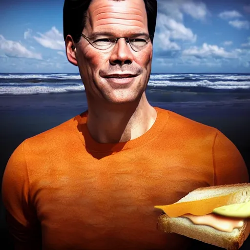 Image similar to dutch mark rutte hyperrealistic, octane render, surfing on a cheese sandwich