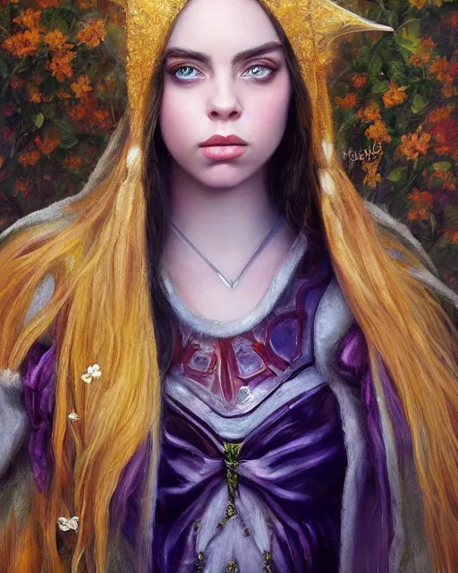 Prompt: billie eilish as a beautiful elf princess, oil painting, by laura sava