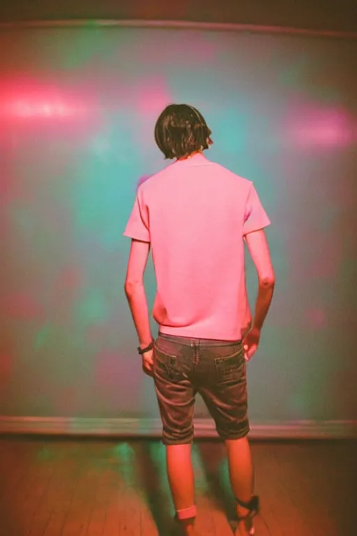 Prompt: kodak ultramax 4 0 0 photograph of a skinny guy in disco club, back view, pink shirt, disco ball, grain, faded effect, vintage aesthetic, vaporwave colors,