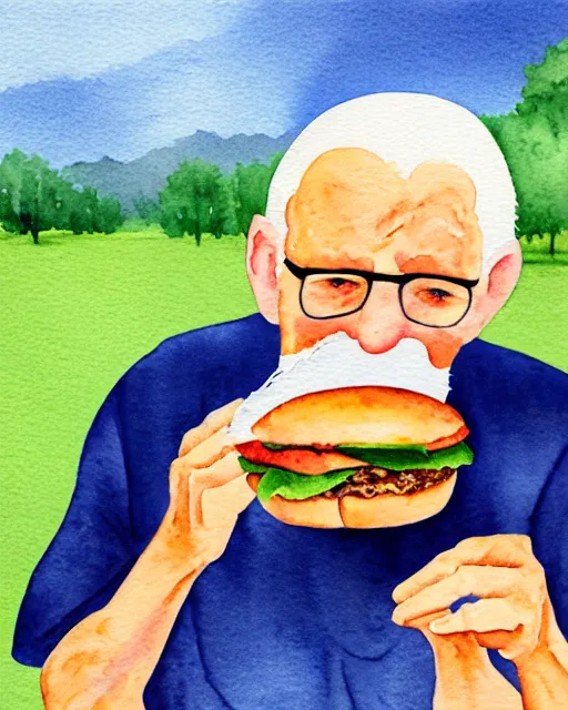 Image similar to watercolor picture of an old man eating hamburger, low key