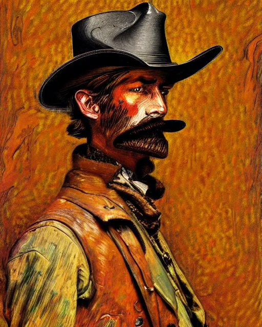 Image similar to an extremely detailed masterpiece portrait of a 1 8 9 0's gunslinger with colt 4 5 six - shooter, in the style of frank auerbach and charles marion russell, digital art