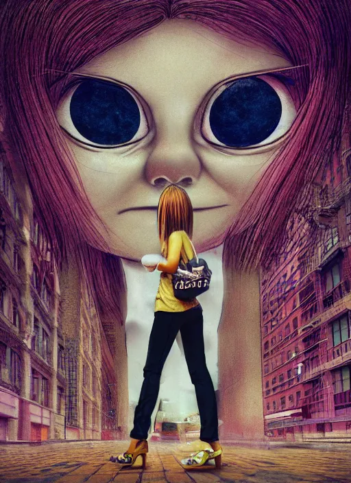 Prompt: recursive image with a girl walking through a city, fast, large eyes, her long hair flowing, surreal, oil pastels and gold, in the style of katsuhiro otomo, modeled in poser, redshift render, uhd