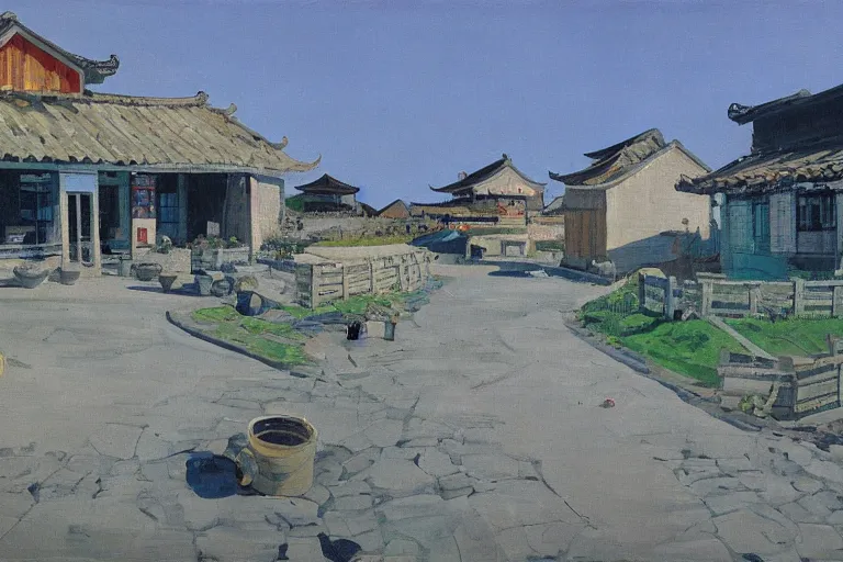 Image similar to landscape of rural village in china with neon lights by liu xiaodong and lucian freud, oil painting, stylized, clean, soft light