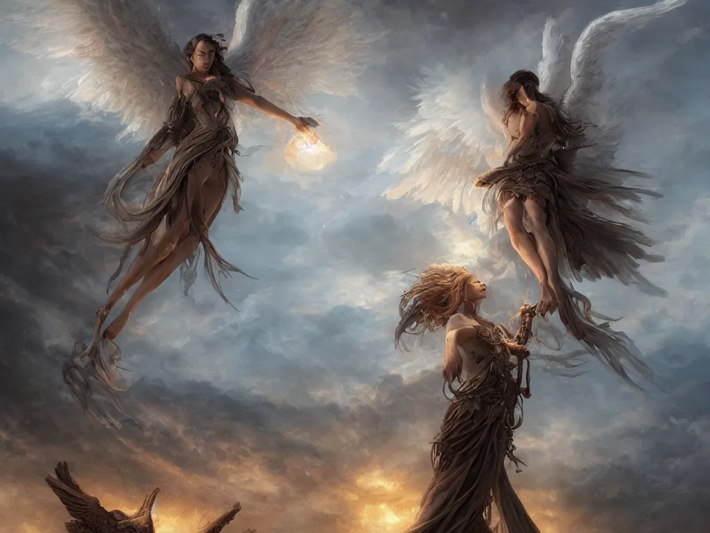 Image similar to angel carries a burning man in the clouds, fantasy art, award winning, dark fantasy, fantasy magic, intricate, elegant, sharp focus, cinematic lighting, highly detailed, digital painting, concept art, art by wlop and artgerm and greg rutkowski, masterpiece, trending on artstation, 8 k