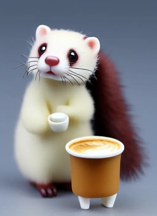 Image similar to 80mm resin detailed miniature of fluffy cute ferret drink coffee, Product Introduction Photos, 4K, Full body, simple background