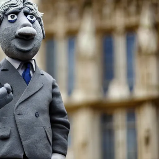 Image similar to a stone sculpture of boris johnson as a muppet outside the houses of parliament, mid distance