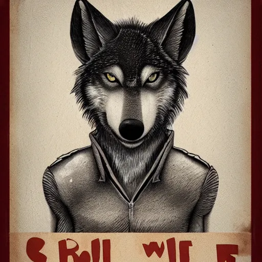 Image similar to portrait of retarded wolf, he is sick with rabies, very big teeth, eyes in different direction, missing ear, soviet propaganda style