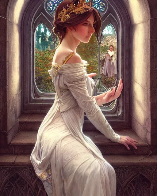 Image similar to a solemn fair princess gazing out castle window, fantasy character portrait, fall woodland, ultra realistic, intricate, elegant, highly detailed, digital painting, artstaion, smooth, sharp, focus, illustration, art by artgerm and greg rutkowski and alphonse mucha