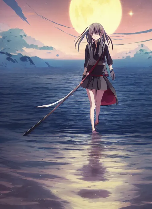 Prompt: anime girl with a katana walking on water, ripples, backdrop of dawn, saturn in the background, low angled illustration from demon slayer from genshin impact from jujutsu kaisen, concept art, anime, key visual, trending pixiv fanbox by wlop and greg rutkowski and makoto shinkai and studio ghibli