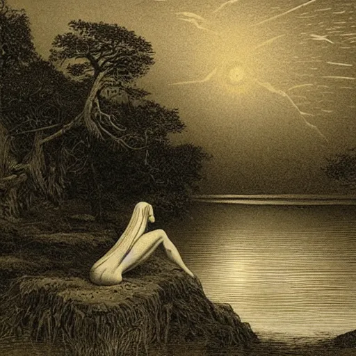 Image similar to a beautiful woman at a lake, forest, dark clouds, moon, nightsky, moonrays, shadows, high detail, illustration by Gustav Doré