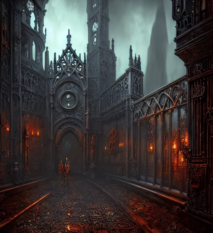 Image similar to steam necropolis, memento mori, gothic, neo - gothic, art nouveau, hyperdetailed copper patina medieval icon, stefan morrell, philippe druillet, ralph mcquarrie, concept art, steampunk, unreal engine, detailed intricate environment, octane render, moody atmospherics, volumetric lighting, ultrasharp, ominous, otherworldly