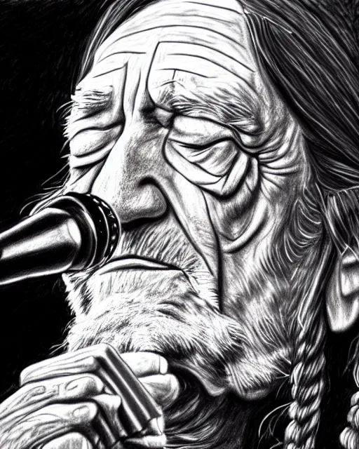 Image similar to a photorealistic portrait of willie nelson singing, pencil drawing, hyperrealist