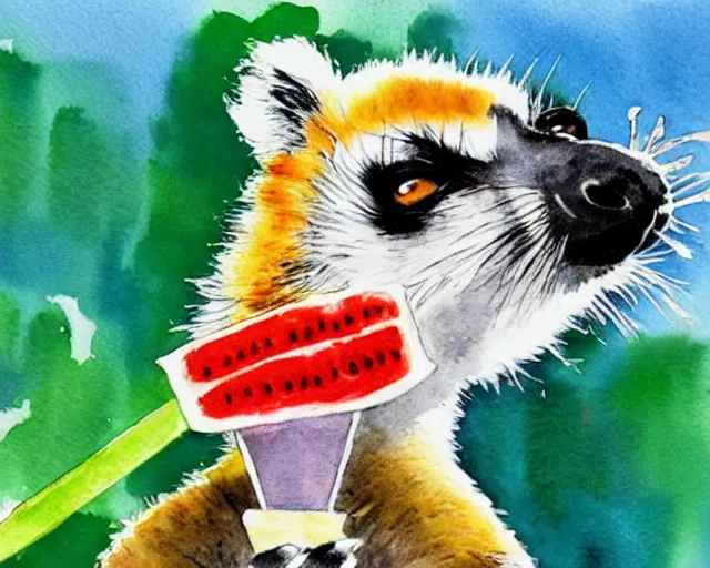 Image similar to a bright happy bill waterson watercolour of a lemur eating a watermellon popsicle