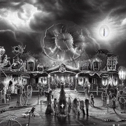 Image similar to ultra realist soft painting of a curiosities carnival by night, horror, omnious sky, symmetry accurate features, very intricate details, black and white, volumetric light clouds