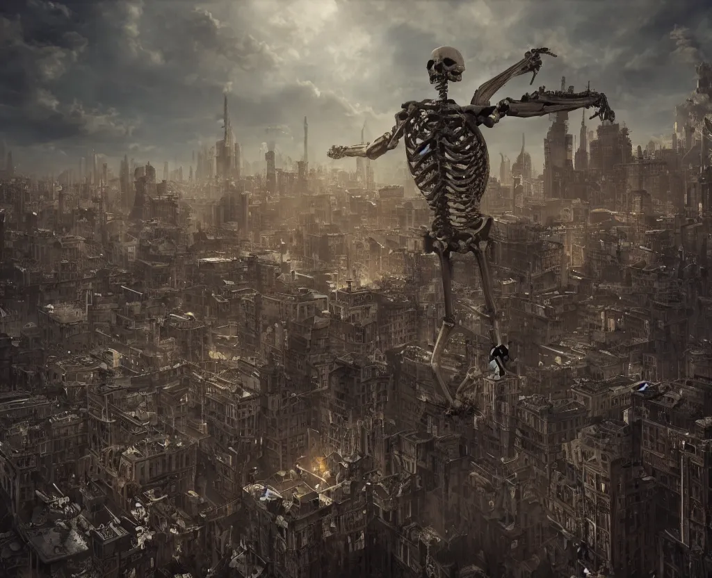 Image similar to a giant skeleton above a victorian city, epic painting, dark fantasy, octane render, extremely detailed