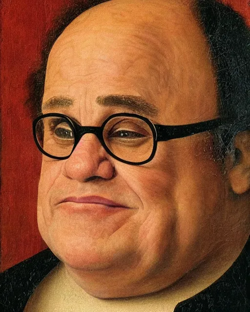 Image similar to a portrait of danny devito painted by jan van eyck, 4 k detail, portrait