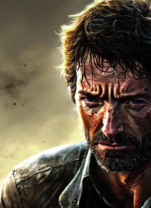 Image similar to portrait of hugh jackman as joel from the last of us, character concept art, hyperrealistic, detailed, accurate illustration, dramatic lighting