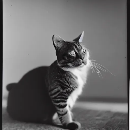 Image similar to A cat wearing a Pickelhaube, Prussia, black and white photography, film grain, f 1.8