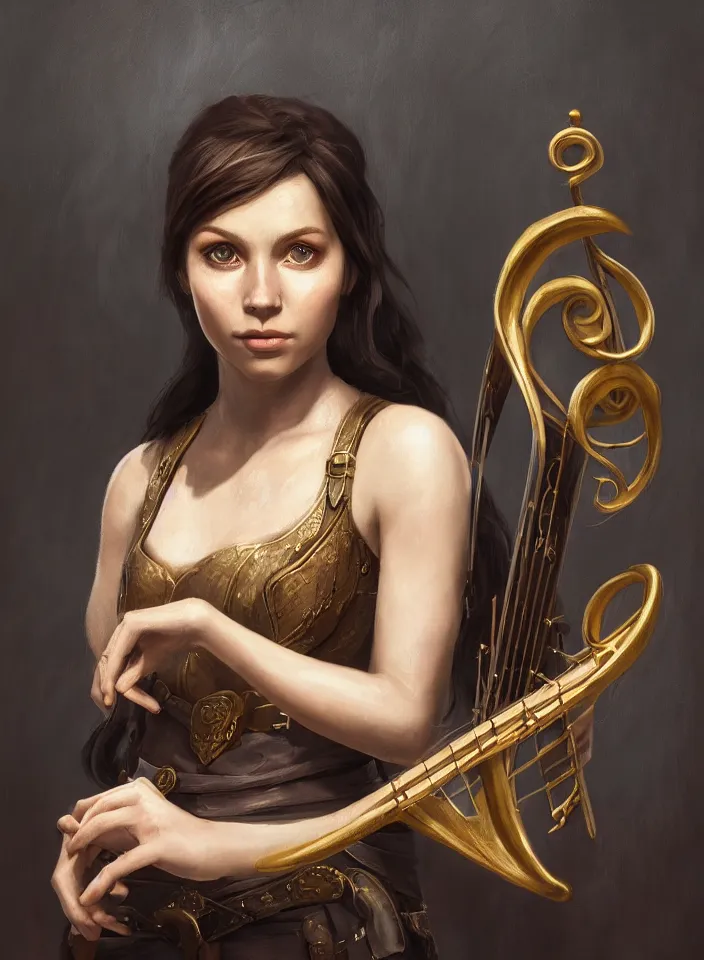 Prompt: a face portrait of a beautiful girl as a bard from skyrim, fantasy setting, beautiful face, serene colors, soft lighting, atmospheric, cinematic, moody, in the style of diego koi, gina heyer, luiz escanuela, art by alyssa monk, hyperrealism, rule of thirds, golden ratio, oil on canvas, 8 k