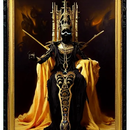 Image similar to full body portrait of black, masked queen in gold gothic robes sitting on a throne of bones, elegant, highly detailed painting by gaston bussiere, craig mullins, j. c. leyendecker, 8 k, mid shot