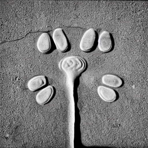 Prompt: ant's eye view shot, detailed symmetrical cat paw prints in wet concrete, polaroid photo,