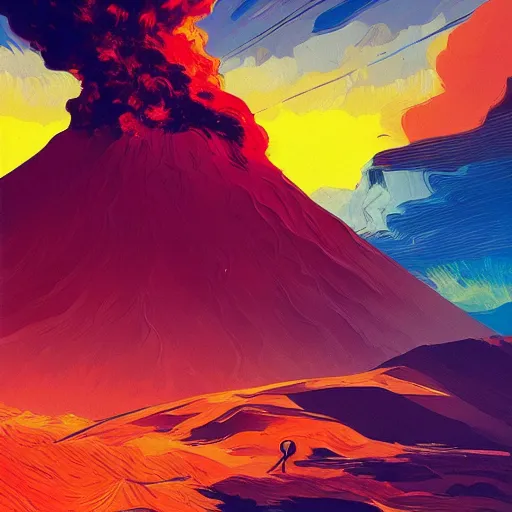 Prompt: volcano eruption, plumes of smoke and ash, rays of sunlight, dramatic lighting, dynamic view, by anton fadeev, alena aenami, vincent van gogh!!!, pablo picasso, digital art, concept art, vibrant, colorful, trending on artstation