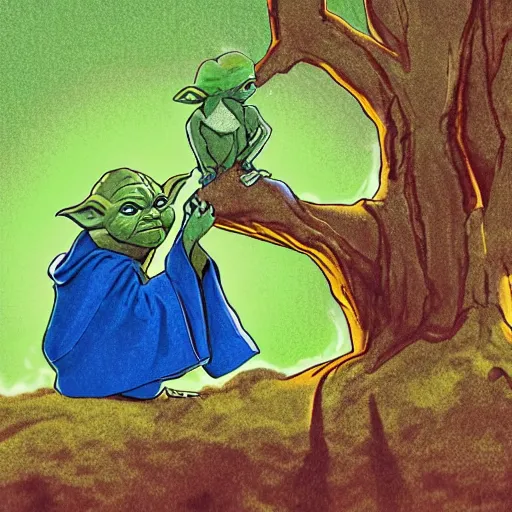 Prompt: yoda sitting in a tree, illustration by mike willcox