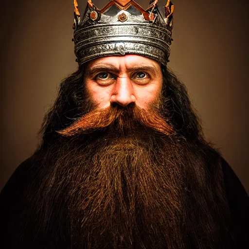 Prompt: stunning photography portrait of mighty dwarf king with long beard and iron crown from photography award winning, perfect Rembrandt lighting, dark background, rule of third, DSLR, f 1.4