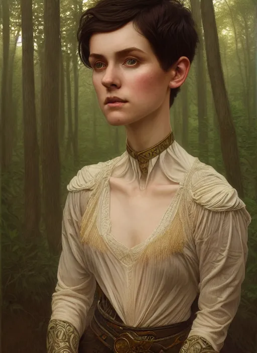 Image similar to symmetry portrait of welsh brunette student in mans tunic, tomboy, short hair, forest, intricate, elegant, highly detailed, digital painting, artstation, concept art, smooth, sharp focus, illustration, art by artgerm and greg rutkowski and fra angelico and alphons mucha