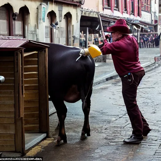 Image similar to a cow steals wine from a market stall. one of the bottles breaks spilling its contents on the street. a guard is going after the cow