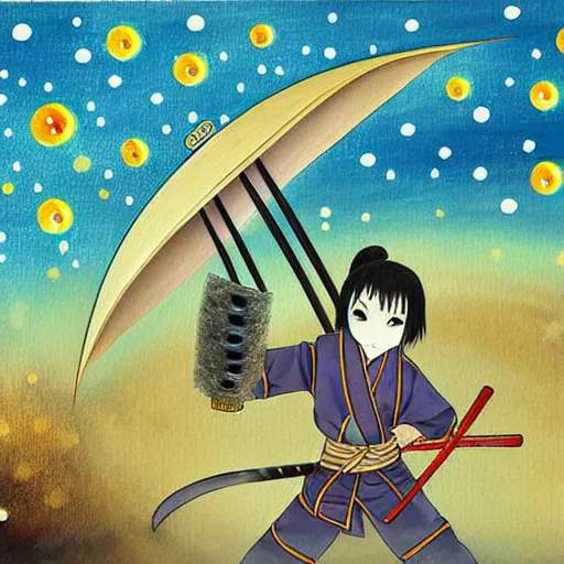 Image similar to japanese hamster samurai. with long sword. anime art. painting. rain of meteors on background