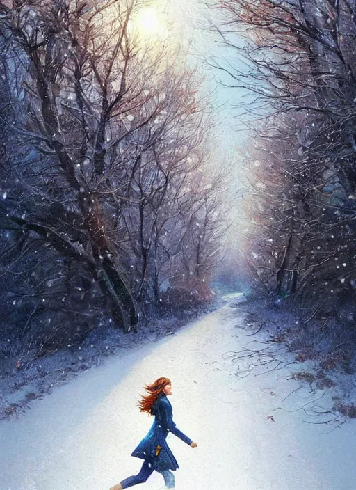 Prompt: a forty year old woman with short wavy curly light brown hair and blue eyes wearing colorful winter clothes is running in a snowy field. beautiful painting by artgerm and greg rutkowski