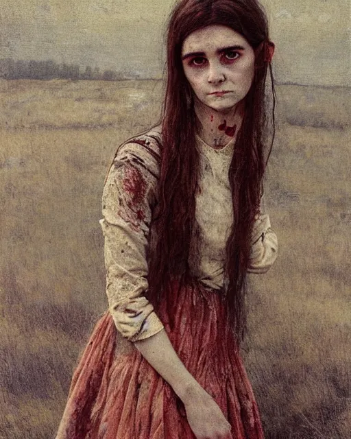 Image similar to a beautiful but sinister girl who looks like a young shirley henderson in dead space, with haunted eyes and crazy hair, eerie moorlands behind her, horrifying, 1 9 7 0 s, seventies, delicate embellishments, a little blood, crimson, painterly, offset printing technique, by jules bastien - lepage