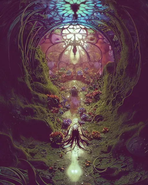 Prompt: the platonic ideal of flowers, rotting, insects and praying of cletus kasady carnage davinci dementor chtulu mandelbulb mandala ponyo the last of us dinotopia the witcher, fantasy, ego death, decay, dmt, psilocybin, concept art by greg rutkowski and simon stalenhag and alphonse mucha