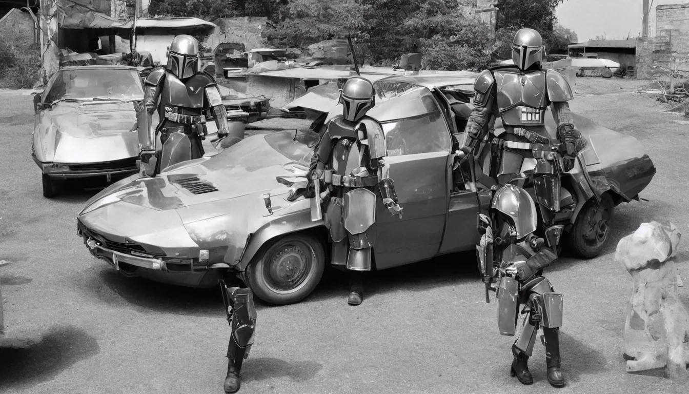 Prompt: lone mandalorian standing next to 1 9 7 0 ies european car, 1 9 8 0 ies press photo