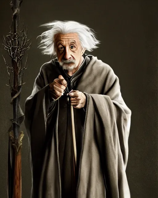 Image similar to Albert Einstein as Gandalf, Lord of the Rings, elegant robe, portrait art, wooden glowing staff, dark fantasy forest, fine details, perfect, 8k high detail, masterpiece, trending on ArtStation