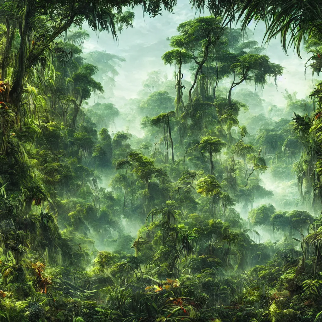 Image similar to painting of a jungle scene on an alien planet by vincent bons. ultra sharp high quality digital render. detailed. beautiful landscape. weird vegetation. water.