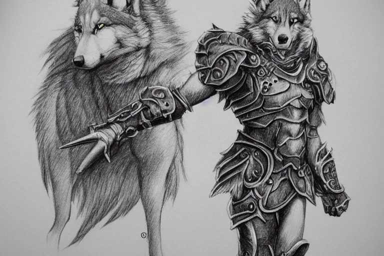 Image similar to a pencil drawing of a wolf, full body, D&D, armor, made by by Pen Tacula